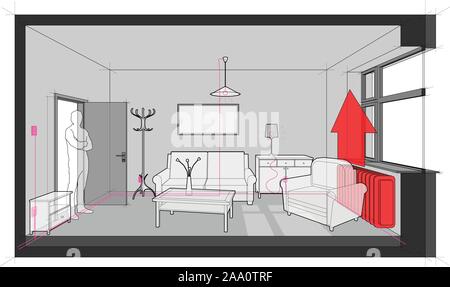 Schema di una camera singola arredata con divano e tavolo e sedie e armadi e lampada da soffitto e i panni di sospensione e il dipinto sulla parete raffreddata con Illustrazione Vettoriale