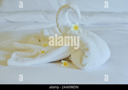 Bellissimo cigno dal bianco asciugamano da bagno decorare sul letto bianco. asciugamano swan con fiori di attualità - frangipani. Bel saluto dall'hotel. Foto Stock