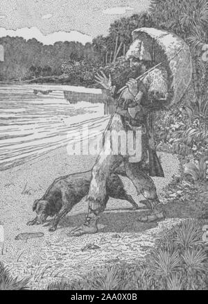 Illustrazione monocromatica di una scena dal libro "Robinson Crusoe' per autore Daniel Defoe, dotate di Crusoe sulla spiaggia con il suo cane, fissando con stupore un impronta umana nella sabbia, illustrato da Louis Rhead, pubblicato da Harper fratelli, 1900. Dalla Biblioteca Pubblica di New York. () Foto Stock