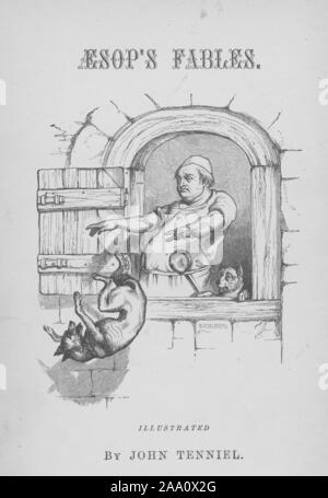 Illustrazione monocromatica della pagina del titolo del libro 'Esopo favole dell' autore Reverendo Thomas James, dotate di un cuoco di gettare un cane fuori dalla finestra, illustrato da John Tenniel, inciso da William Howland, pubblicato da Collins e fratello, 1848. Dalla Biblioteca Pubblica di New York. () Foto Stock