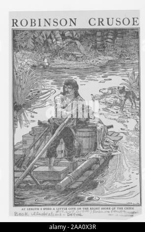 Illustrazione monocromatica di una scena dal libro "Robinson Crusoe' per autore Daniel Defoe, dotate di Crusoe vela su una zattera con materiali recuperati dal naufragio, illustrato da Louis Rhead, pubblicato da Harper fratelli, 1900. Dalla Biblioteca Pubblica di New York. () Foto Stock