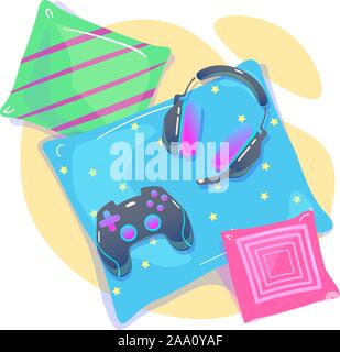 Video Gioco lo sfondo con il joypad, cuffie. Concetto di social geek, hobby, passatempo, dispositivi dipendenza, l'utilizzo dei gadget. Accogliente casa di gioco con cuscini di tipo piatto. Illustrazione di vettore isolato su bianco Illustrazione Vettoriale