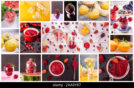 Set di cibo colorato collage di varie immagini di tipo di ordinamento delle bacche e frutti sorbetto gelato Foto Stock