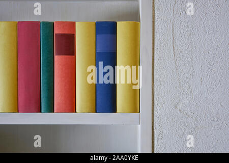 Dettaglio del coloratissimo libro copre in una mensola a muro bianco Foto Stock