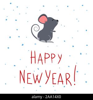 Simpatico cartoon grigio topo o ratto e felice anno nuovo lettering. Per il biglietto di auguri per il nuovo anno cinese 2020. Vector disegnati a mano illustrazione. Illustrazione Vettoriale
