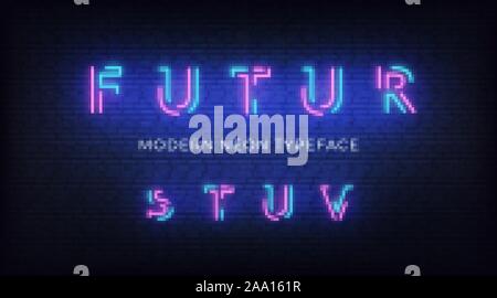 Luce al neon alfabeto font. Incandescente illuminati al neon 3d carattere tipografico moderno. Le lettere s, t, u, v Illustrazione Vettoriale