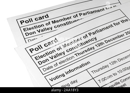 Scheda di polling per il dodicesimo dicembre 2019 elezione generale isolata su uno sfondo bianco. Don Valley circoscrizione. Foto Stock