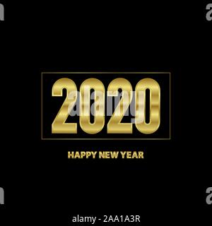 Felice anno nuovo 2020 design. Carta oro su sfondo dorato. Felice anno nuovo design della scheda. Tipografia design. Felice anno nuovo banner con i numeri 2020. Ve Illustrazione Vettoriale