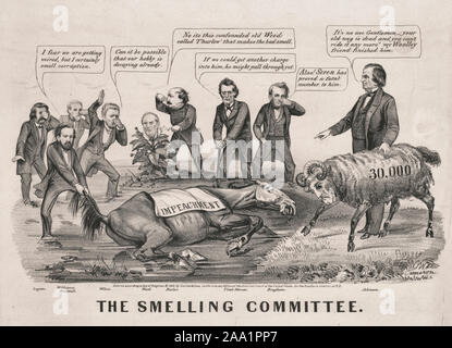 L'odore di comitato - Il mancato impeachment procedimenti avviati dal radicale repubblicani contro il Presidente Andrew Johnson nel 1868 sono paragonati a un cavallo morto: emanando un gran fetore con alcuna speranza per la rinascita. Nelle varie figure coinvolte nell'impeachment procedimento circondano il marciume la carcassa di un cavallo avvolto in una coperta "impeachment", tenendo i loro nasi da l'odore. Gli uomini sono (da sinistra a destra) John A. Logan, George S. Boutwell, Thomas Williams, Benjamin F. Butler, Thaddeus Stevens e John A. Bingham. Boutwell tira la coda di cavallo, dicendo: "Temo che stiamo ottenendo mir Foto Stock