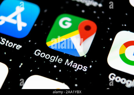 Sankt-Petersburg, Russia, 3 Febbraio 2019: Google Maps icona applicazione su Apple iPhone schermo X close-up. Google Maps icona. Applicazione Google maps. Foto Stock