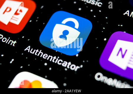 Sankt-Petersburg, Russia, 3 Febbraio 2019: Microsoft autenticatore icona applicazione su Apple iPhone X lo schermo dello smartphone di close-up. Microsoft autentico Foto Stock