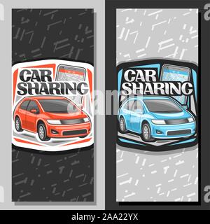 Banner di vettore per il car sharing, segnaletica con il rosso e il blu cartoon ultracompatto che sta berlina e smartphone, lettering originale per parole car sharing, innov Illustrazione Vettoriale