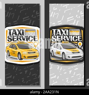 Banner di vettore per servizio Taxi, layout verticale con cartoon permanente berlina e cellulare, tipografia originale per parole servizio taxi, innovazione de Illustrazione Vettoriale