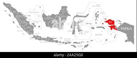 Papua occidentale evidenziata in rosso nella mappa di Indonesia Foto Stock