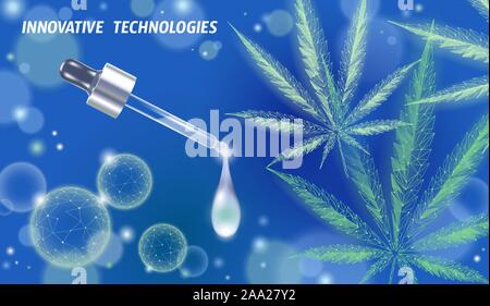 Bassa poli 3D per la marijuana medica foglia di olio. Legalizzare medical dolore concetto di trattamento. Cannabis medicina di erbaccia bottiglia di vetro simbolo. Trasparente di pipetta Illustrazione Vettoriale
