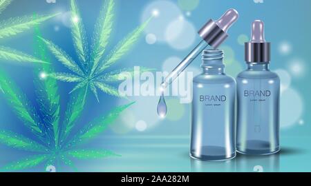 Bassa poli 3D per la marijuana medica foglia di olio. Legalizzare medical dolore concetto di trattamento. Cannabis medicina di erbaccia bottiglia di vetro simbolo. Trasparente di pipetta Illustrazione Vettoriale