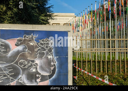 Il lato destro di Hans Erni di affresco sulla parete perimetrale del Palazzo delle Nazioni Unite a Ginevra, Svizzera Foto Stock