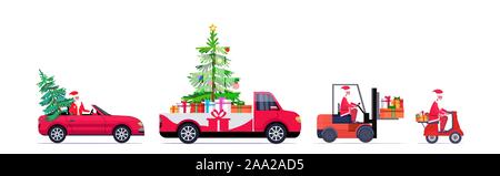 Impostare santa claus guida raccoglitore rosso carrello per auto e scooter con abete e dono scatole presenti buon Natale felice anno nuovo vacanze invernali concetto orizzontale illustrazione vettoriale Illustrazione Vettoriale