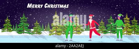 Babbo Natale con mix gara elfi a pattinare sulla pista di pattinaggio su ghiaccio buon Natale felice anno nuovo vacanze celebrazione concetto inverno paesaggio forestale greeting card orizzontale di lunghezza completa illustrazione vettoriale Illustrazione Vettoriale