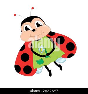 Vector Cartoon carino coccinella in un abito verde tenendo un fiore nella sua zampe. Illustrazione Vettoriale