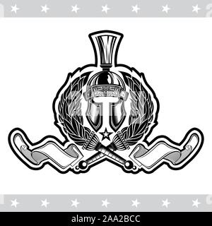 Spartan casco vista frontale tra torce incrociate la fiamma e il nastro. Araldica etichetta vintage su bianco Illustrazione Vettoriale