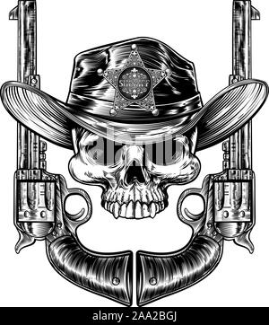 Cranio nel cappello da cowboy con Sheriff Star e pistole Illustrazione Vettoriale