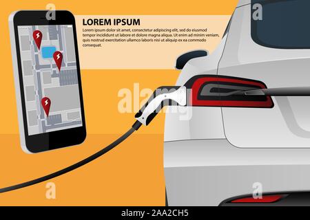 Mobile phone su uno sfondo di ricarica auto elettrica. Illustrazione Vettoriale Illustrazione Vettoriale