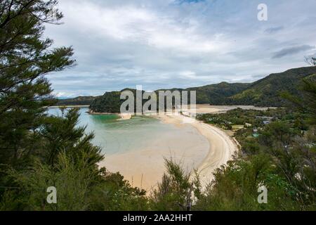 Vista della spiaggia di Torrent Bay, il Parco Nazionale Abel Tasman, Tasmania, Isola del Sud, Nuova Zelanda Foto Stock