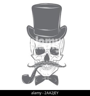 Cranio Gentiluomo con baffi, il filtro bow tie, top hat e tubo di fumo. Stampa del cranio, cranio illustrazione isolati su sfondo bianco. Modalità vettoriale Illustrazione Vettoriale