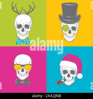 Set con quattro teschi divertenti con i baffi, il filtro bow tie, top hat, un sigaro, santa hat. Stampa del cranio, cranio illustrazione isolato su sfondo colorato. Modalità vettoriale Illustrazione Vettoriale