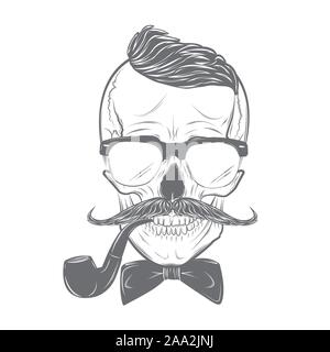 Hipster cranio con baffi, il filtro bow tie e tubo di fumo. Stampa del cranio, cranio illustrazione isolati su sfondo bianco. Modalità vettoriale Illustrazione Vettoriale