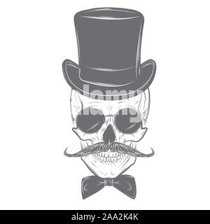 Cranio Gentiluomo con baffi, il filtro bow tie, top hat e tubo di fumo. Stampa del cranio, cranio illustrazione isolati su sfondo bianco. Modalità vettoriale Illustrazione Vettoriale