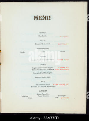 MENU IN FRANCESE;vini elencati per ogni corso e programma & altoparlanti elencati; 22ND banchetto annuale [detenute da] NATIONAL WHOLESALE DRUGGESTS' ASSOCIAZIONE [a] HOTEL WALTON,Philadelphia,PA; (HOTEL;) Foto Stock