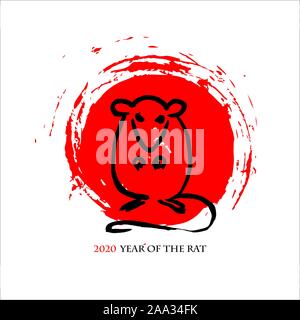 Biglietto di auguri con disegnato a mano sul ratto in rosso di un disco solare, con il testo "2020 Anno del ratto'. Vettore inchiostro calligrafia, sumi-e stile. Anno Nuovo Cinese Illustrazione Vettoriale
