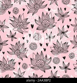 Modello senza soluzione di continuità con il vettore Fiori e cuori scarabocchia sfondo senza giunture Illustrazione Vettoriale