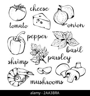 Gli ingredienti della pizza set di vettore, disegnati a mano Collezione isolati su sfondo bianco Illustrazione Vettoriale