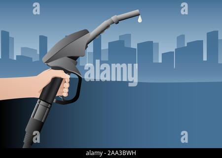 Mano con un ugello carburante sullo sfondo delle piattaforme petrolifere. Il concetto di un futuro negativo con l'inquinamento. Illustrazione Vettoriale Illustrazione Vettoriale
