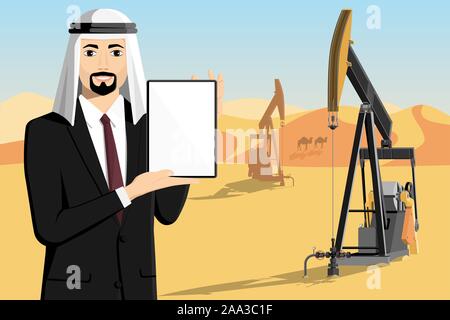 Uomo arabo con il tablet pc si erge sullo sfondo di piattaforme petrolifere nel deserto. Schermo bianco, è possibile aggiungere il vostro testo qui. Illustrazione Vettoriale Illustrazione Vettoriale
