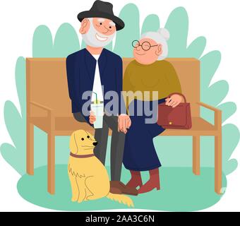 Vecchio caucasico coppia sposata con il cane sono seduti sulla panchina nel parco, felici le persone anziane godendo all'esterno. Sfondo bianco. In stile appartamento vettore di stock Illustrazione Vettoriale