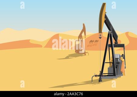 Impianti di trivellazione di petrolio nel deserto. Illustrazione vettoriale EPS 10 Illustrazione Vettoriale