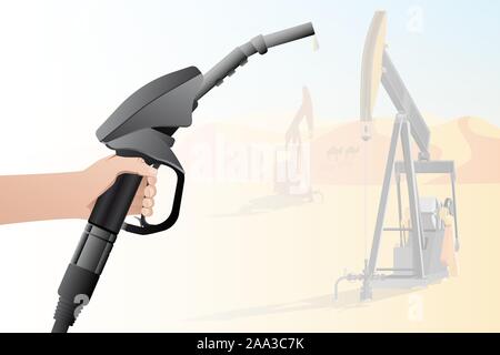 Mano con un ugello carburante sullo sfondo delle piattaforme petrolifere. Il concetto di un futuro negativo con l'inquinamento. Illustrazione Vettoriale Illustrazione Vettoriale