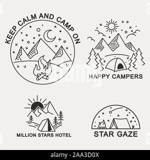 Linea semplice illustrazione il badge di montagna campeggio tema. Illustrazione Vettoriale