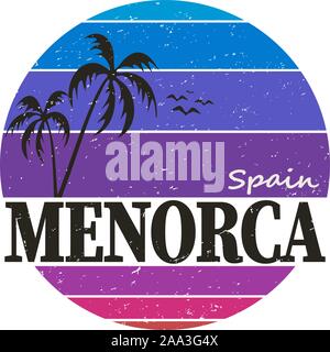 Minorca vintage t-shirt logo design dadge. Stile retrò isola artigianale etichetta, badge o elemento di souvenir di viaggio. Illustrazione Vettoriale. Illustrazione Vettoriale