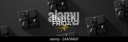 Venerdì nero vendita. Venerdì nero Banner orizzontale. Modello di confezioni regalo su sfondo scuro. golden caratteri di testo. Foto Stock