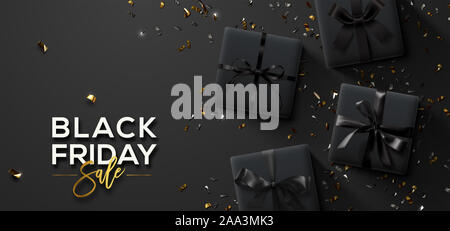 Venerdì nero vendita. Venerdì nero Banner orizzontale. Confezioni regalo e coriandoli su sfondo scuro. Foto Stock