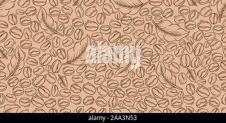 Decorativo chicchi di caffè e foglie seamless pattern. Adatti per l'avvolgimento di carta. Illustrazione Vettoriale
