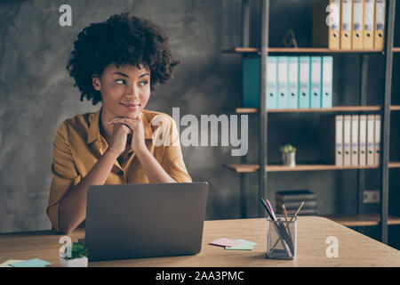 Foto di allegro piuttosto carino agent mixed-gara terminata la lavorazione su presentazione della sua corporation come risultato di coworking con i colleghi Foto Stock