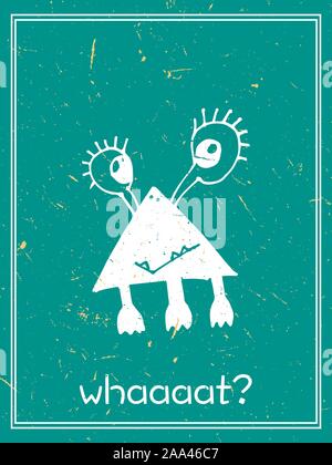 Mostri divertenti cartolina illustrazione vettoriale. Carino disegnato a mano le carte doodle, cartoline, poster con creature del fumetto per bambini, baby shower, compleanno Illustrazione Vettoriale