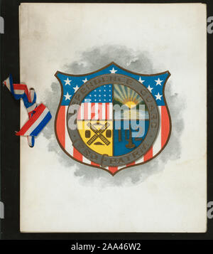 Vini; prezzo lista vini; CREST sul coperchio; rosso, bianco e BLU RIBBON; INFORMAZIONI SULLE CAMPAGNE; Elenco degli ufficiali e un elenco di quelli uccisi o feriti; altri documenti;; riunione annuale e il banchetto della vecchia guardia associazione dodicesimo reggimento Benvenuti HOME CENA DA UFFICIALI DI RITORNO DALLA GUERRA CON LA SPAGNA [detenute da] Guardia Indipendenza [a] SHERRY DELLA QUINTA AVENUE E 44TH STREET NY (RESTO;) Foto Stock