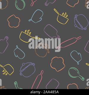 Arnese da cucina contorni seamless pattern. La cottura di ripetizione di sfondo per il design tessile, avvolgimento papper, scrapbooking. Illustrazione Vettoriale